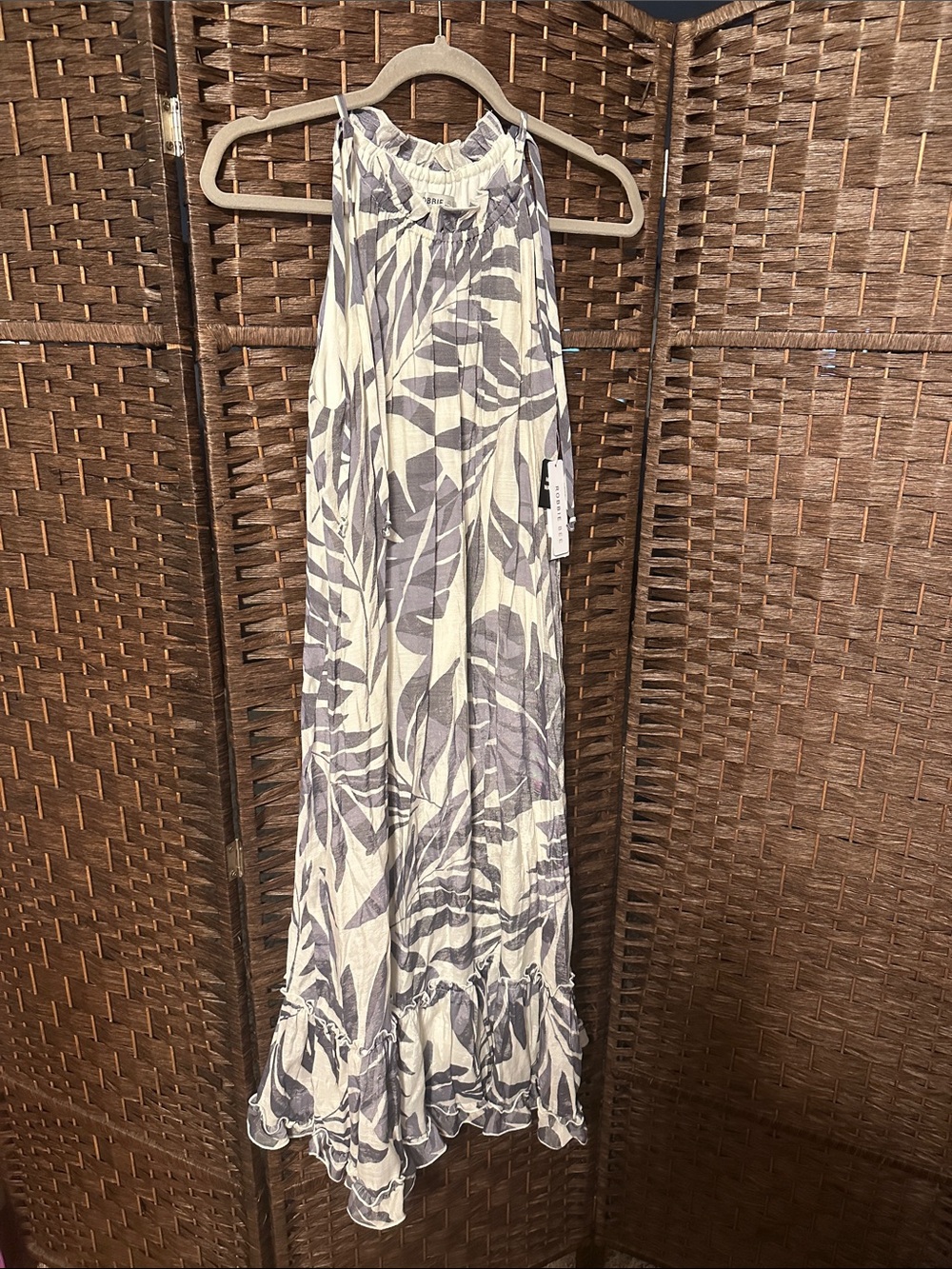 Robbie Bee Cream and Gray Leaf-Print Halter Maxi Dress